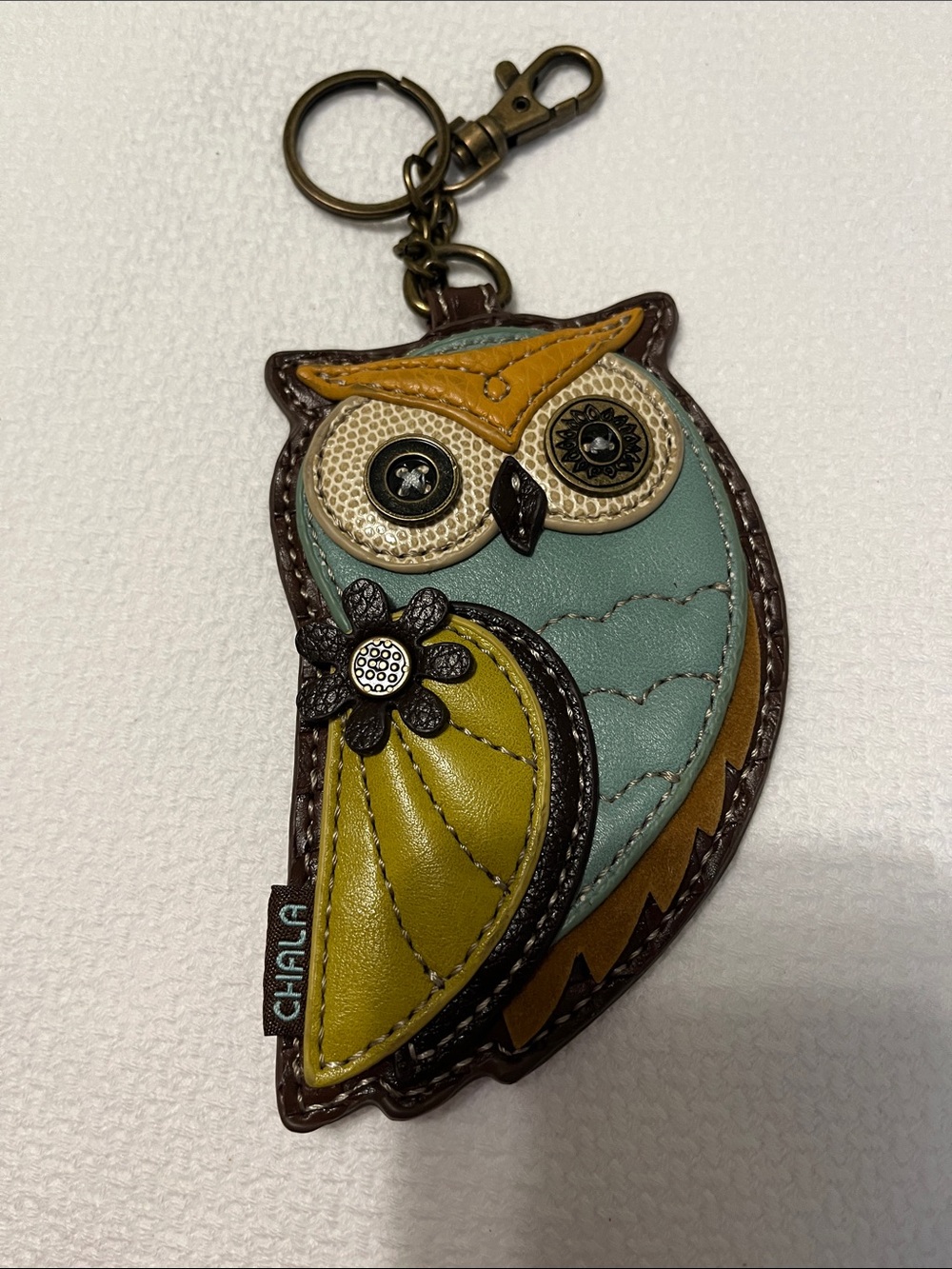 Chala Teal, Brown & Olive Owl Leather Keyring/Coin Purse